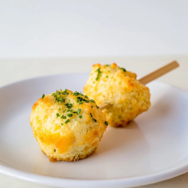 Delicious warm cream soda cheddar biscuit muffins served on skewers with fresh herbs.