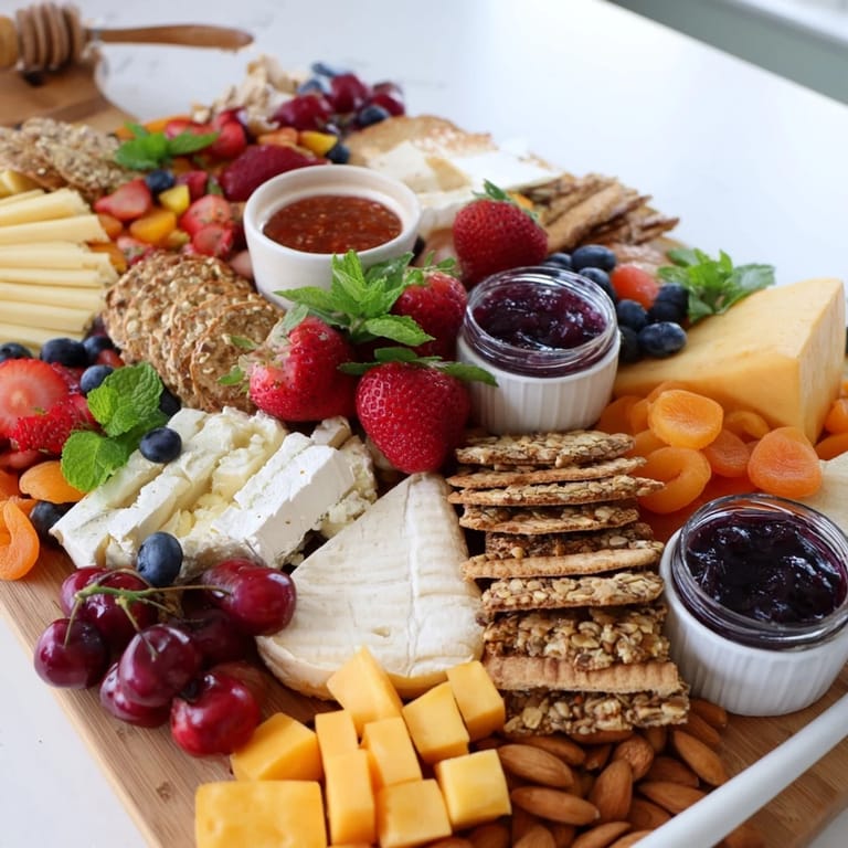 A delicious jam-infused brunch board featuring cheeses, seasonal fruits, and crusty bread.