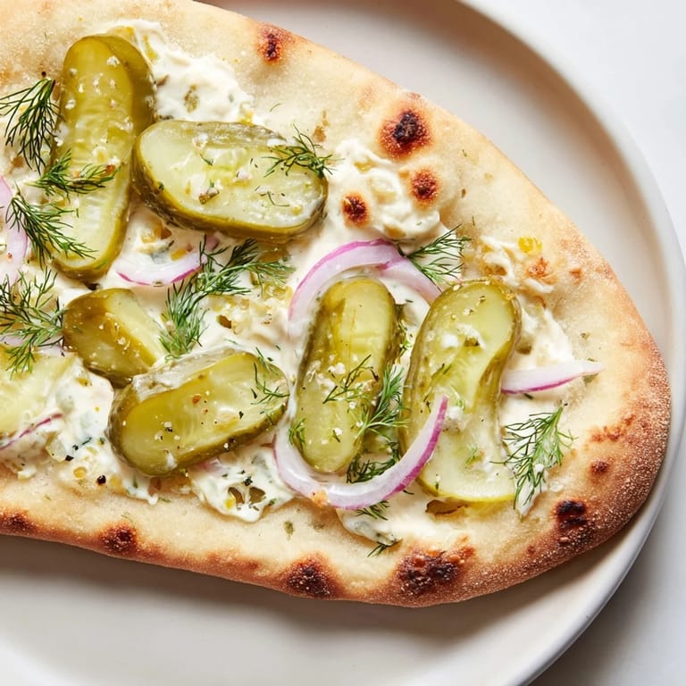Golden crusted Pickle Pizza features gooey mozzarella and bright green dill pickles.  