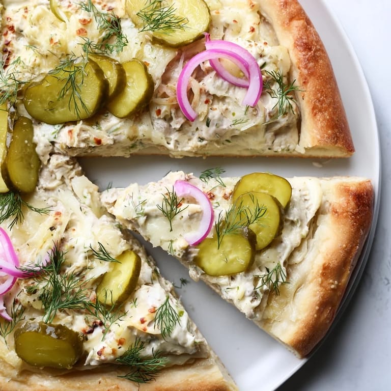 Unique Pickle Pizza garnished with fresh dill, perfect for adventurous eaters.