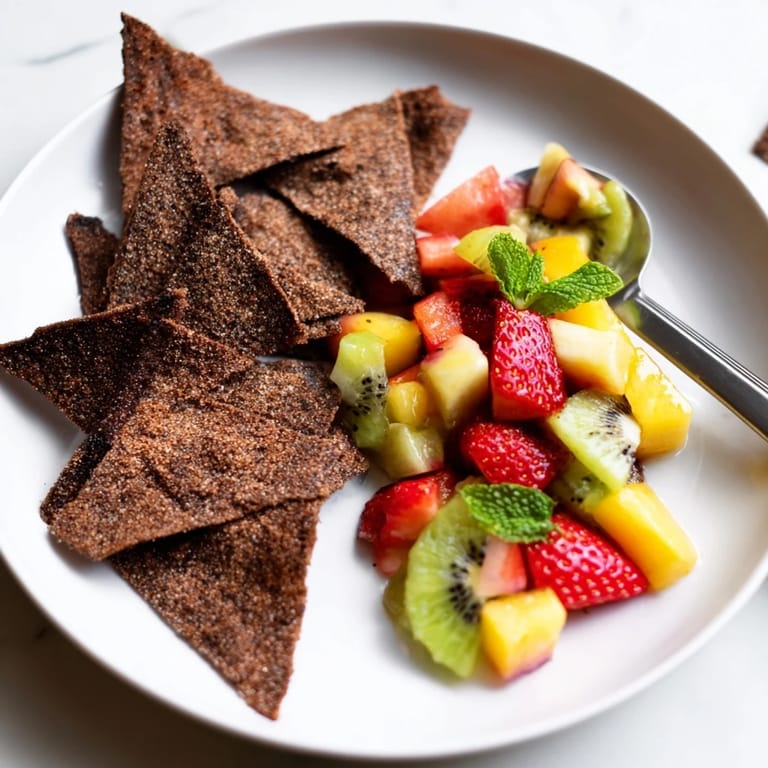 Vibrant fruit salsa paired with sweet, homemade chocolate tortilla chips for dipping.  