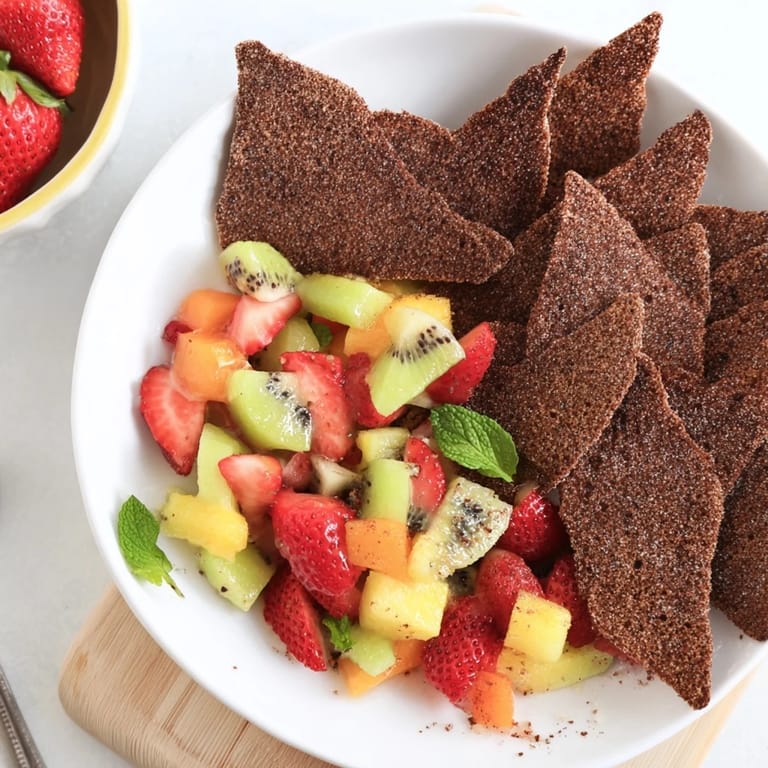 Homemade dessert chips and salsa featuring rich chocolate and fresh seasonal fruits.