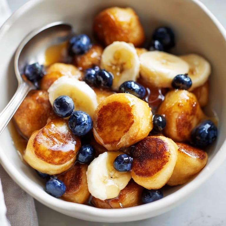 Crispy and fluffy mini pancake cereal served with milk, perfect for breakfast lovers.  