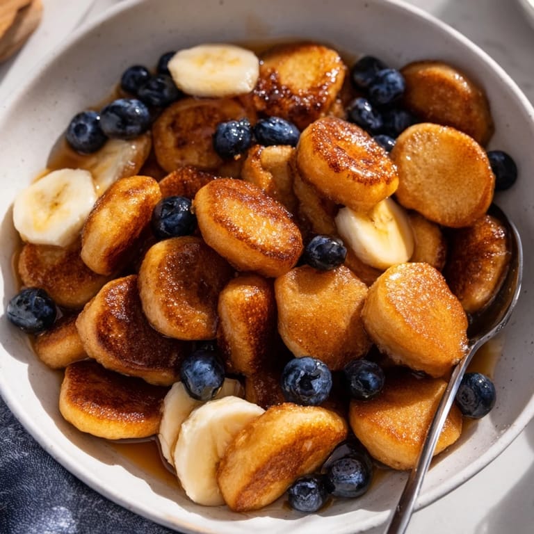 Adorably tiny pancakes in a bowl, drizzled with maple syrup and fruit slices.