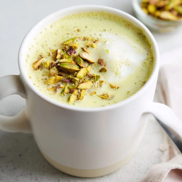 Warm and fragrant pistachio milk latte, ideal for a cozy café experience.