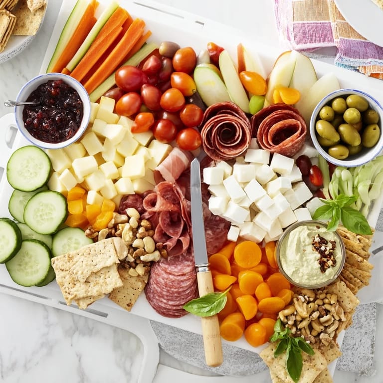 Deliciously arranged charcuterie-style Girl Dinner Platter featuring snacks and colorful veggies.  