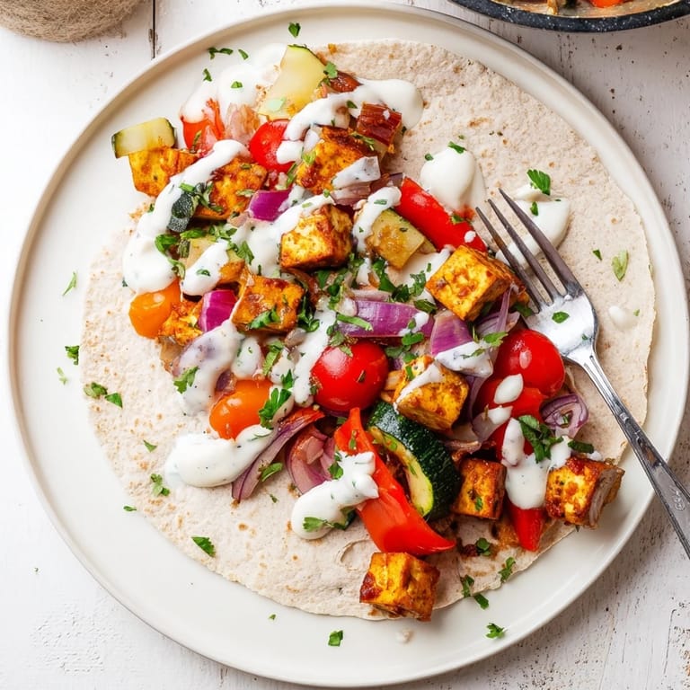 Savory Vegan Viral Recipe Re-make with golden tofu, peppers, and creamy tahini sauce.  