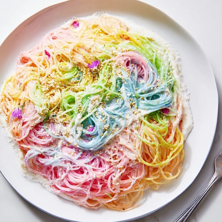 Colorful noodles in whimsical Neon Noodle Cloud, garnished with scallions and sesame seeds.  