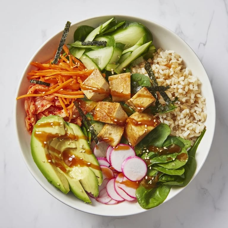 Hearty fermented vegetable bowl with nutritious grains, kimchi, and fresh greens.