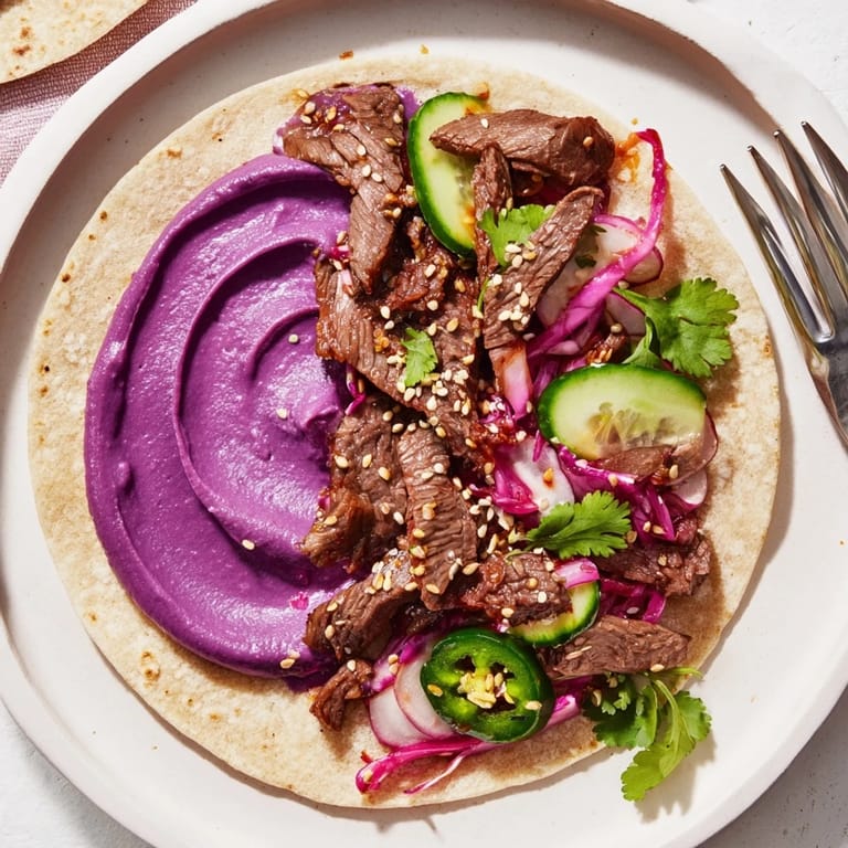 Savory marinated protein nestled in Global Street-Food Fusion Tacos, topped with kimchi delights.