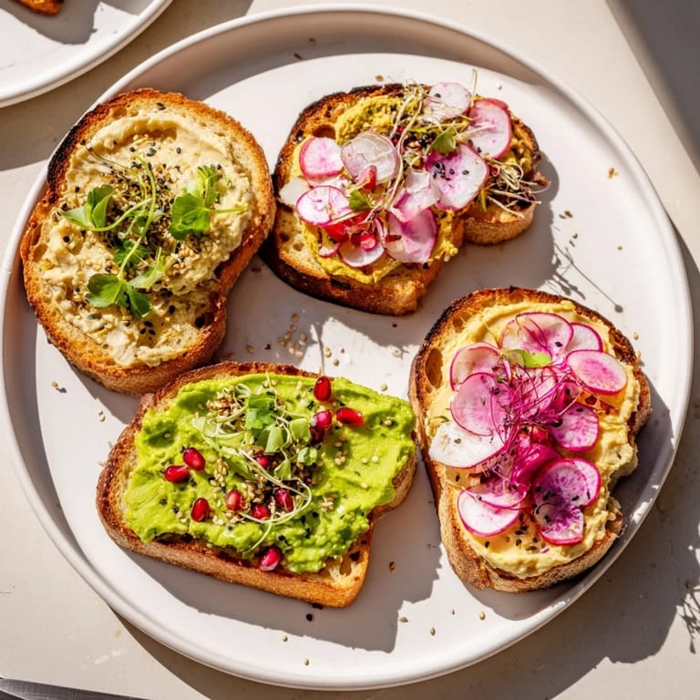 Colorful breakfast toasts featuring creamy ube and zesty avocado garnished perfectly.  