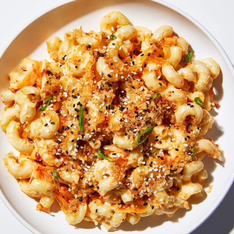 Deliciously baked Spicy Kimchi Mac & Cheese, a fusion delight with crunchy toppings.