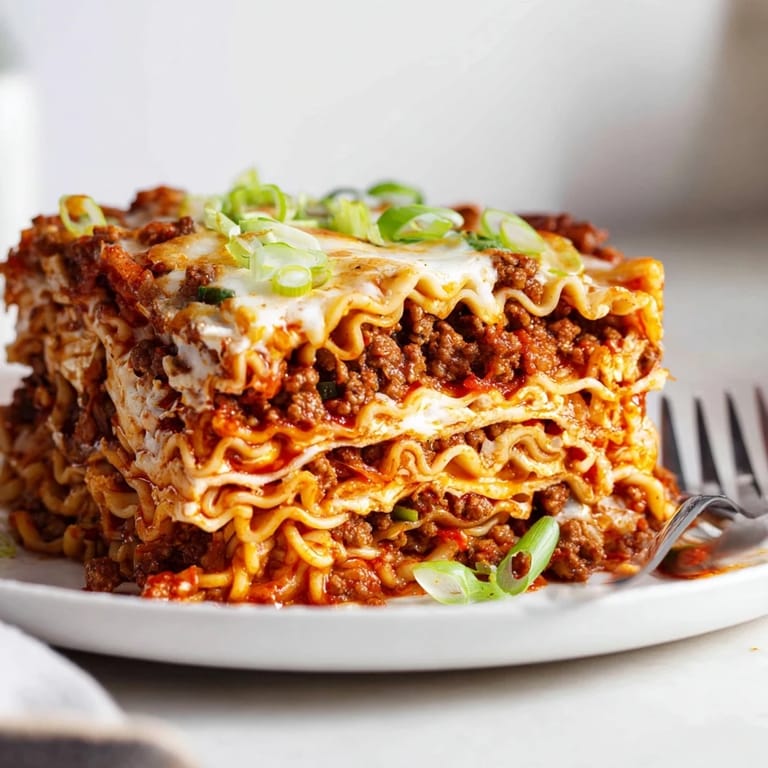 Hot and comforting spicy ramen lasagna served with green onions and a side salad.