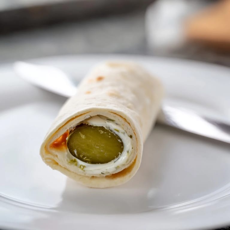 Delicious pickle-in-a-blanket appetizer served with zesty mustard for extra flavor.