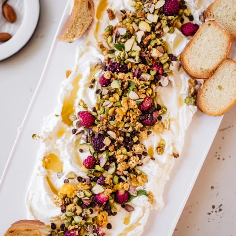 Elegant dessert butter board with creamy base, berries, and crunchy toppings.  