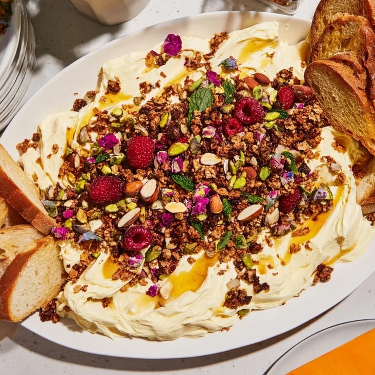 Colorful butter board dessert with vibrant berries and a drizzle of honey.