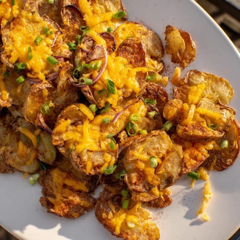 Golden brown potato bombs with melted cheese, vibrant green onions, perfect for appetizers.  