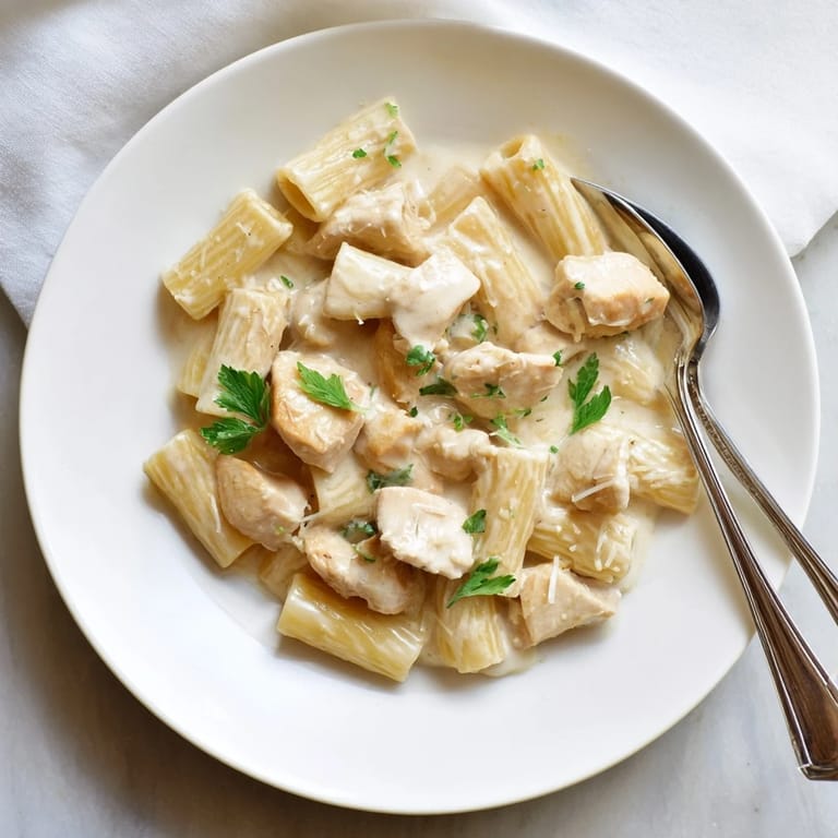 Deliciously rich Creamy Garlic Parmesan Chicken Rigatoni, perfect for cozy dinners at home.