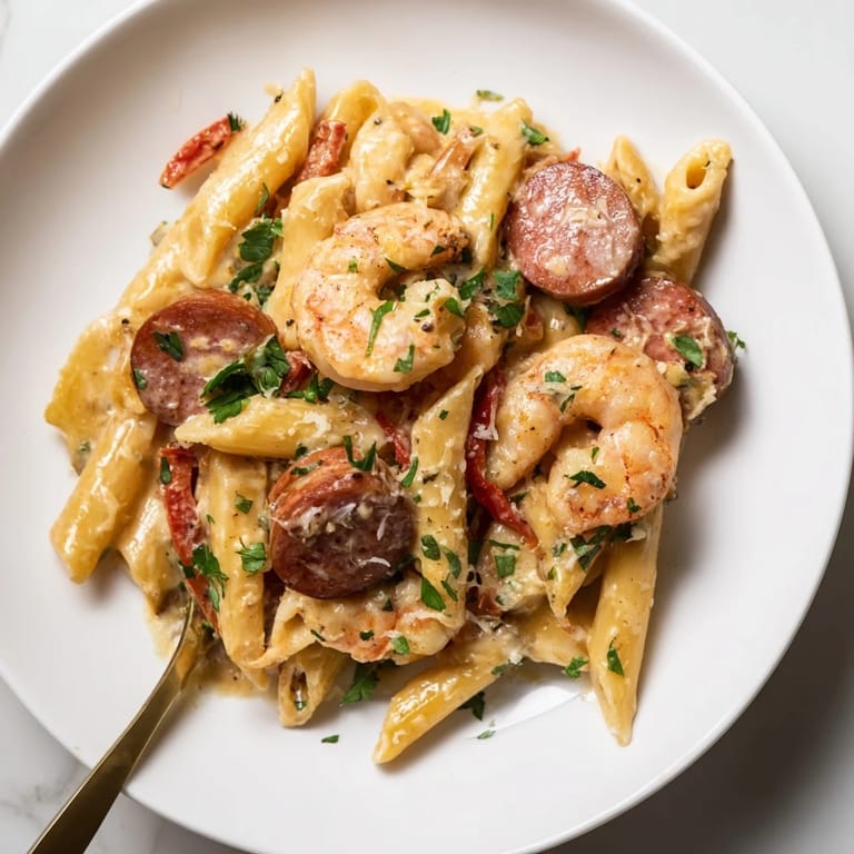 Mouthwatering Cajun Sausage & Shrimp Alfredo Pasta Skillet in a rich, creamy sauce.