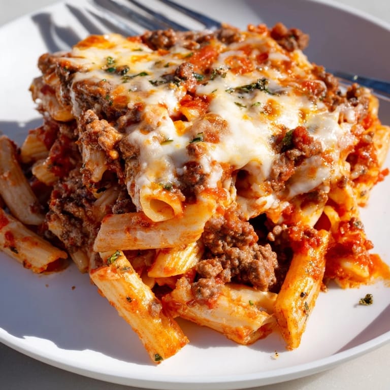 Hearty Cheesy Beef & Penne Bake layered with savory ground beef and pasta goodness.