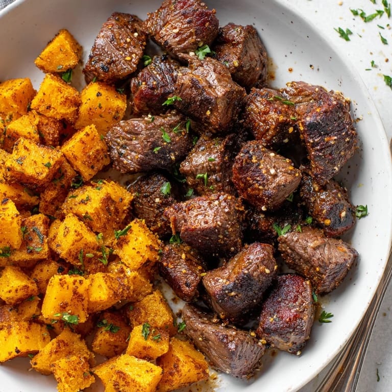 Savory Blackened Cajun Steak Bites with flavorful spices, complemented by golden fries.
