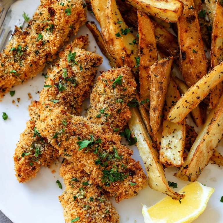 Savory herbed chicken tenders and crunchy potato wedges perfect for family feasts.