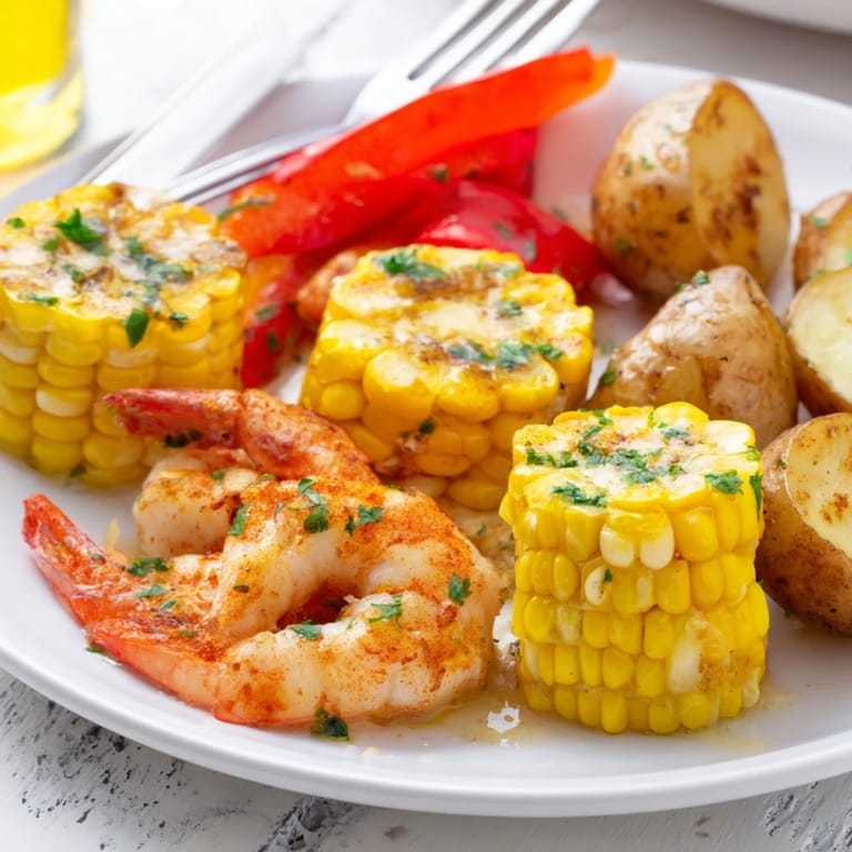 Delicious Cajun shrimp & sweet corn platter featuring colorful bell pepper and fresh parsley.
