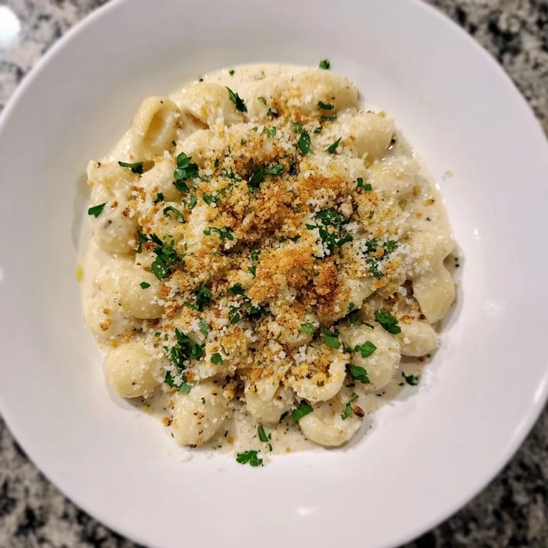 A close-up of Truffle Macaroni & Cheese shows gooey cheese and aromatic truffle oil swirls, perfect for a cozy meal.