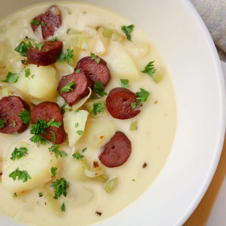 Golden-hued Potato, Leek & Chorizo Soup, a comforting European dish perfect for chilly fall evenings.
