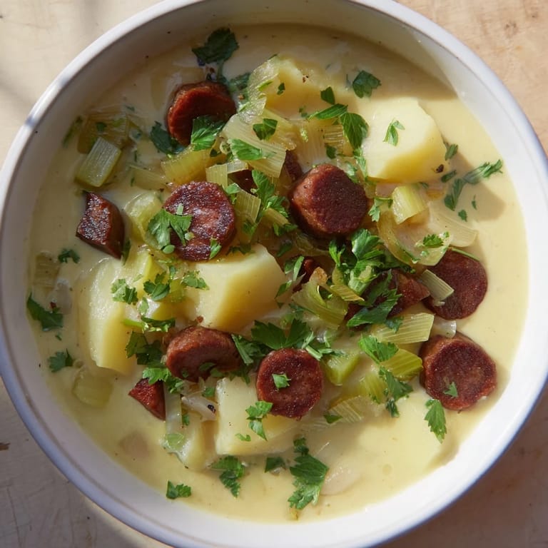 This Potato, Leek & Chorizo Soup showcases a velvety texture, garnished with fresh parsley and crunchy bread.