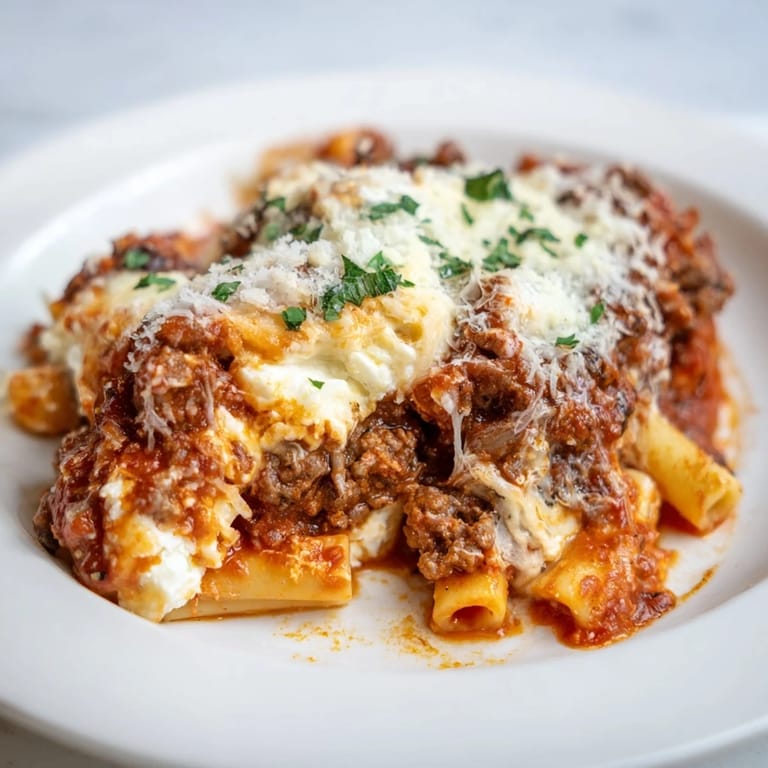 Family-style meal: a delicious Baked Ziti with Meat Sauce served alongside a crisp green salad.