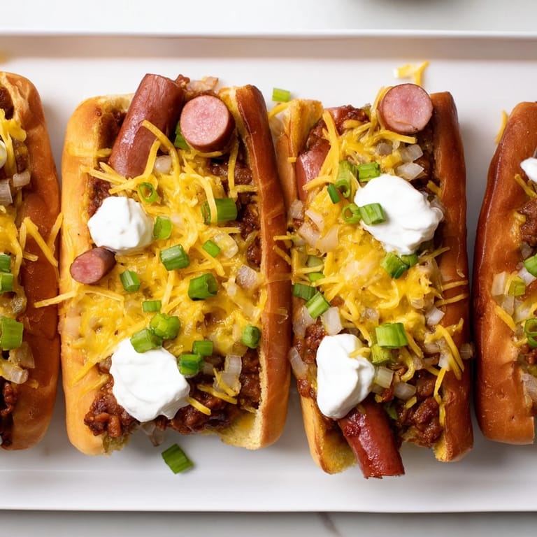 A comforting close-up showing bubbly, cheesy Chili Dog Casserole, perfect for game day.