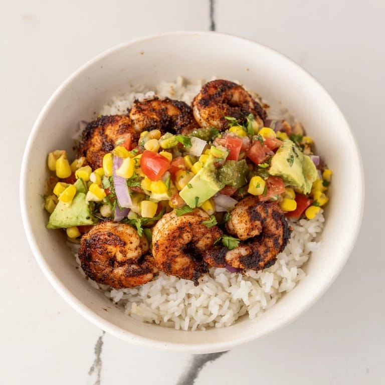Spicy blackened shrimp atop fluffy rice; this colorful bowl, with avocado salsa, is irresistible.