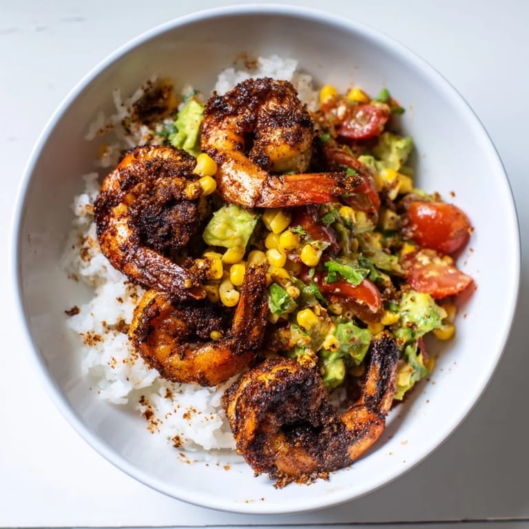 A close-up of the blackened shrimp bowl, bursting with fresh salsa and zesty lime wedges.