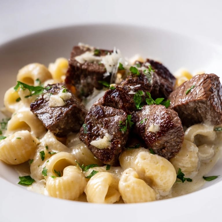 Close-up of Garlic Butter Steak Bites, glistening with garlic butter, beside cheesy pasta.