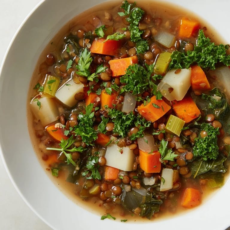 A visually appealing spoonful of delicious Winter Vegetable & Lentil Soup, full of healthy ingredients.