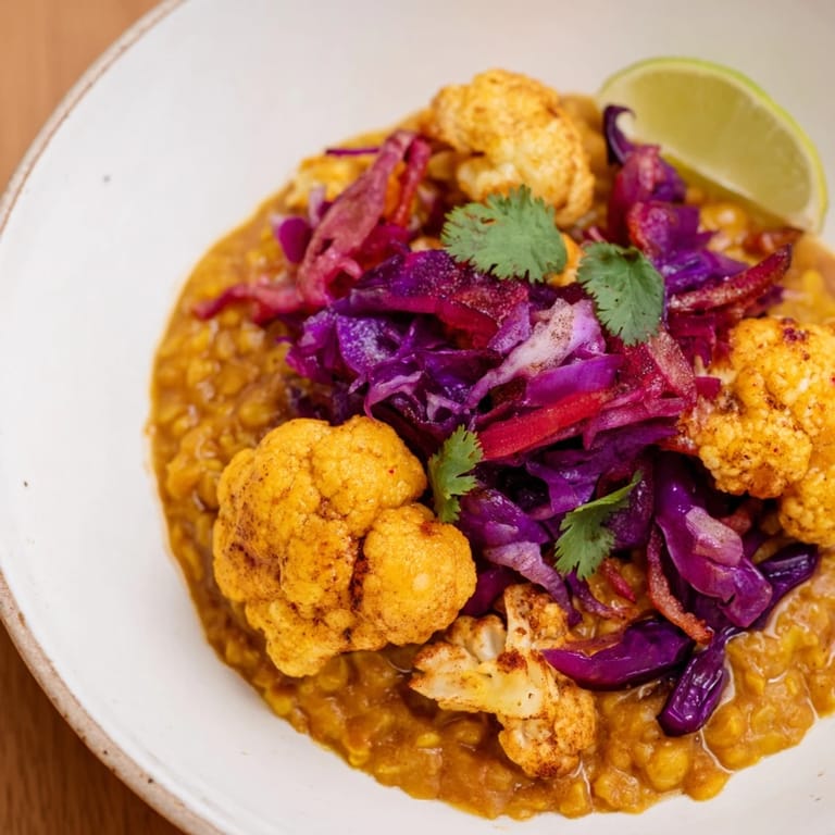 Creamy coconut dhal features tender red cabbage and cauliflower, served hot with fresh cilantro and lime.