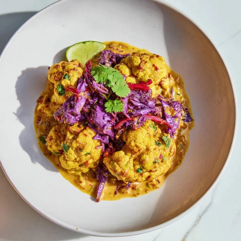 Vibrant red cabbage, cauliflower, and lentils simmer in a flavorful coconut dhal, ready in under an hour.