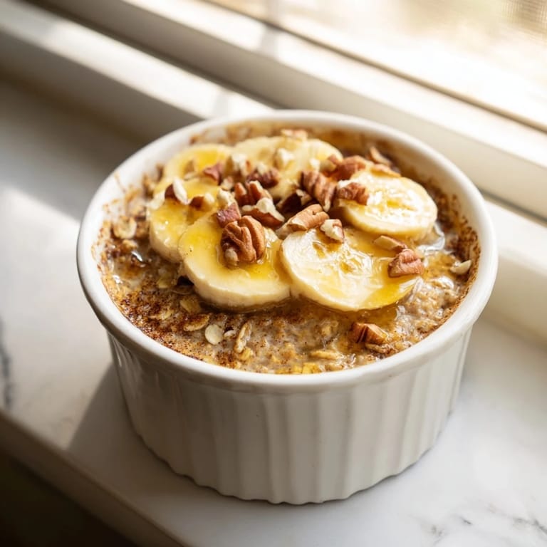 Golden brown baked oats ramekins, studded with banana and nuts, warm from the oven, ready to eat.