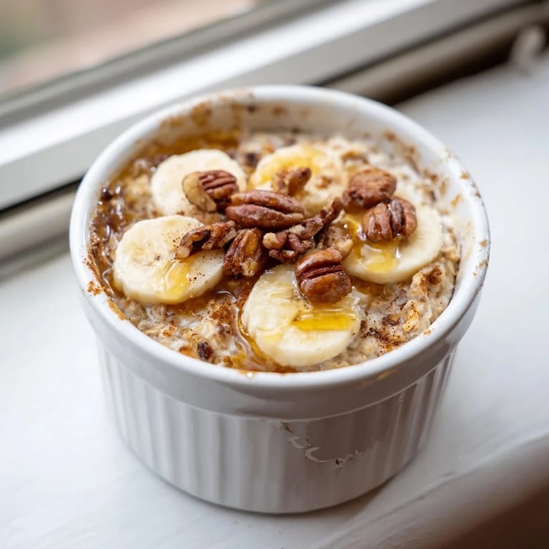 Imagine individual baked oats ramekins, topped with honey, soft bananas, perfect for a cozy brunch.
