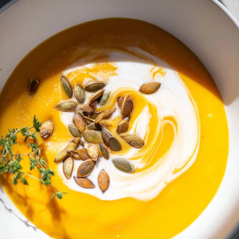 Enjoy a steaming bowl of Creamy Roasted Acorn Squash Soup, flavored with thyme and a swirl of cream.