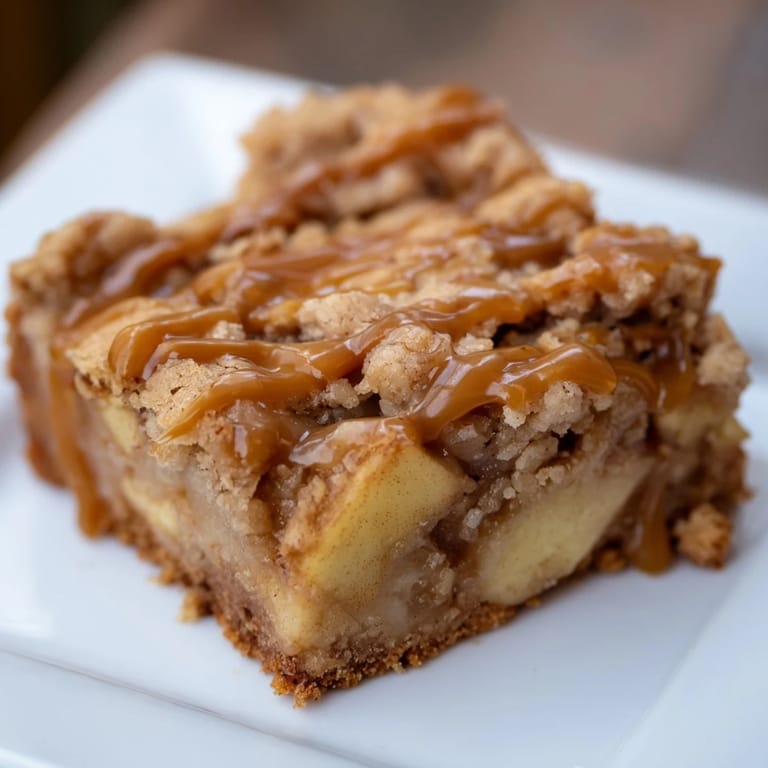 A close-up of golden-brown Caramel Apple Cookie Bars, showcasing a delightful mix of textures and flavors.