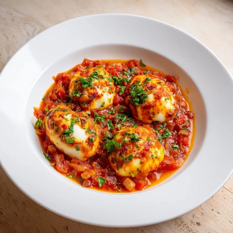Enjoy the delicious sight of baked eggs swimming in a bubbling, spiced tomato sauce; a perfect savoury breakfast!