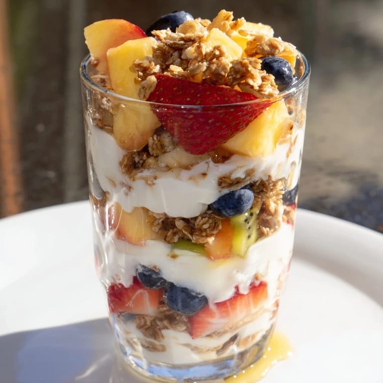 A close-up of a refreshing yogurt parfait with ripe berries, perfect for a quick breakfast.
