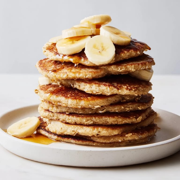 Close-up of freshly cooked banana oat pancakes, showcasing a comforting breakfast made easy.