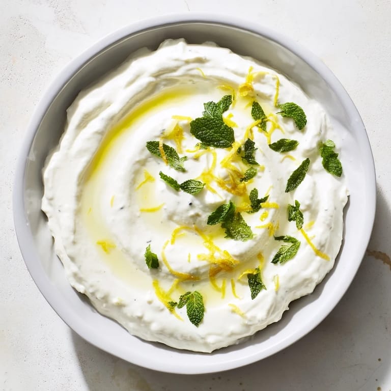 Close-up of the delicious whipped feta dip, drizzled with lemon-mint, ready to be scooped up.