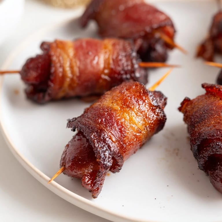 Golden-brown 3-Ingredient Bacon-Wrapped Smokies, a savory and sweet treat ready to share with friends.