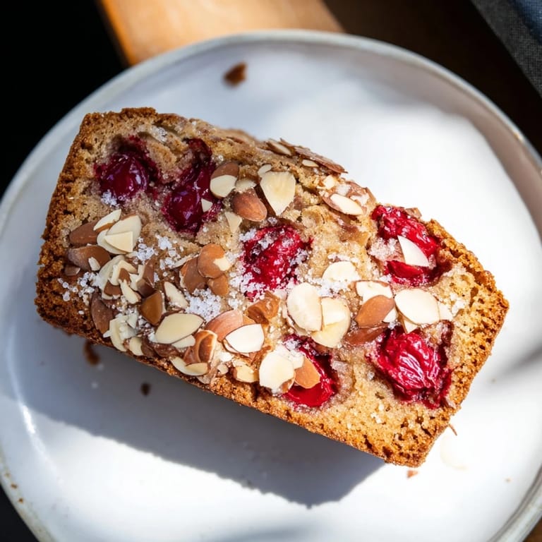 A warmly lit photo of the delicious Cherry Almond Loaf Cake; perfect for a brunch spread.