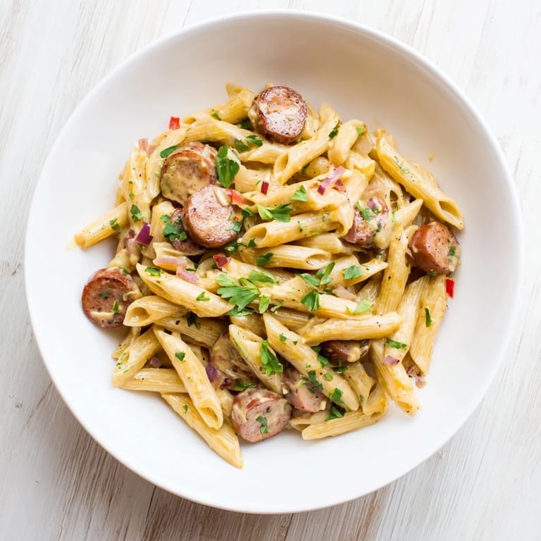 Fresh parsley garnish topping delicious Smoked Sausage Cajun Alfredo, a comforting pasta dish ready to eat.