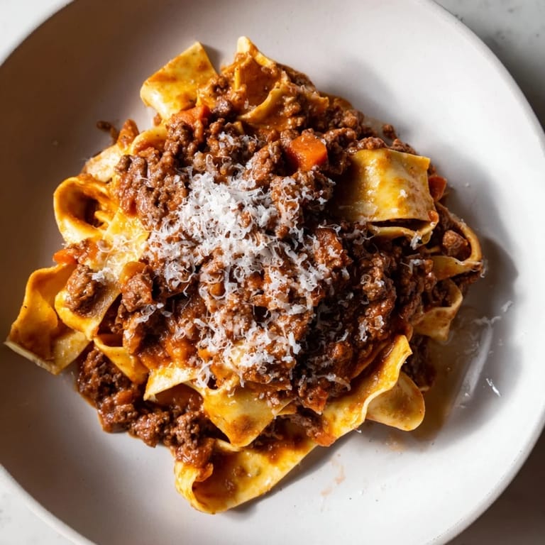 A close-up of finished Classic Tuscan Ragu, thick and savory, ready to be ladled over creamy polenta.